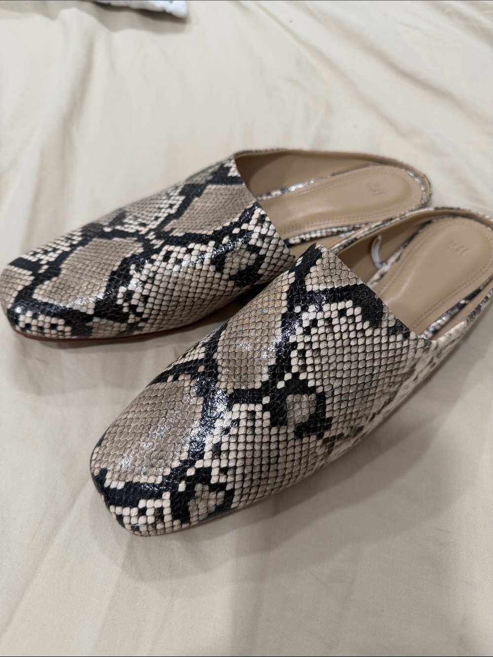 H&M Snake-Print Slip-On Mules in Beige and Black